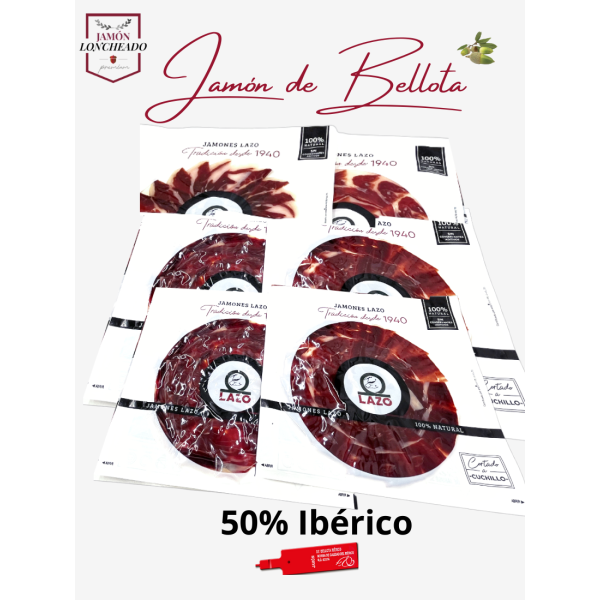 Jambon ibérique 100 % Bellota LAZO tranché – Pack 6×100 g