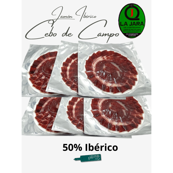 Jambon ibérique 50 % Cebo de Campo La Jara tranché – Pack 6×100 g